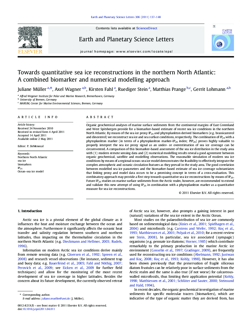 Towards quantitative sea ice reconstructions in the northern North Atlantic: A combined biomarker and numerical modelling approach