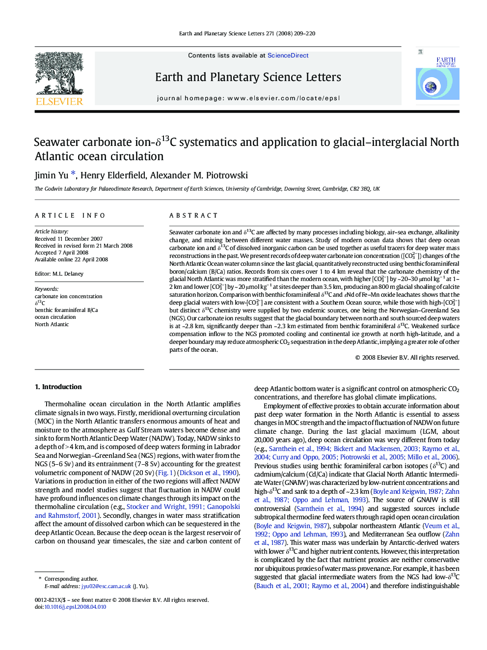 Seawater carbonate ion-δ13C systematics and application to glacial–interglacial North Atlantic ocean circulation