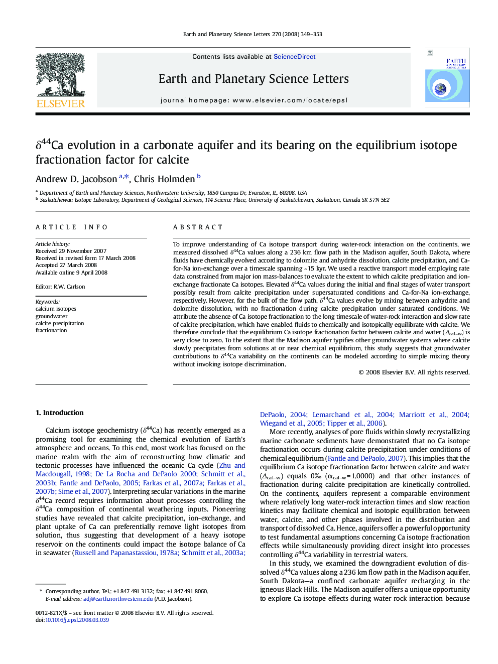 δ44Ca evolution in a carbonate aquifer and its bearing on the equilibrium isotope fractionation factor for calcite