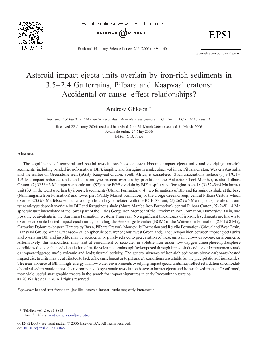 Asteroid impact ejecta units overlain by iron-rich sediments in 3.5–2.4 Ga terrains, Pilbara and Kaapvaal cratons: Accidental or cause–effect relationships?