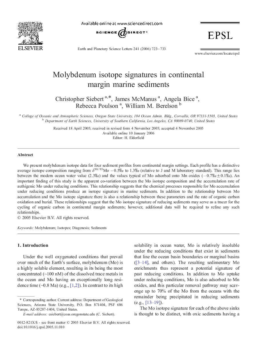 Molybdenum isotope signatures in continental margin marine sediments