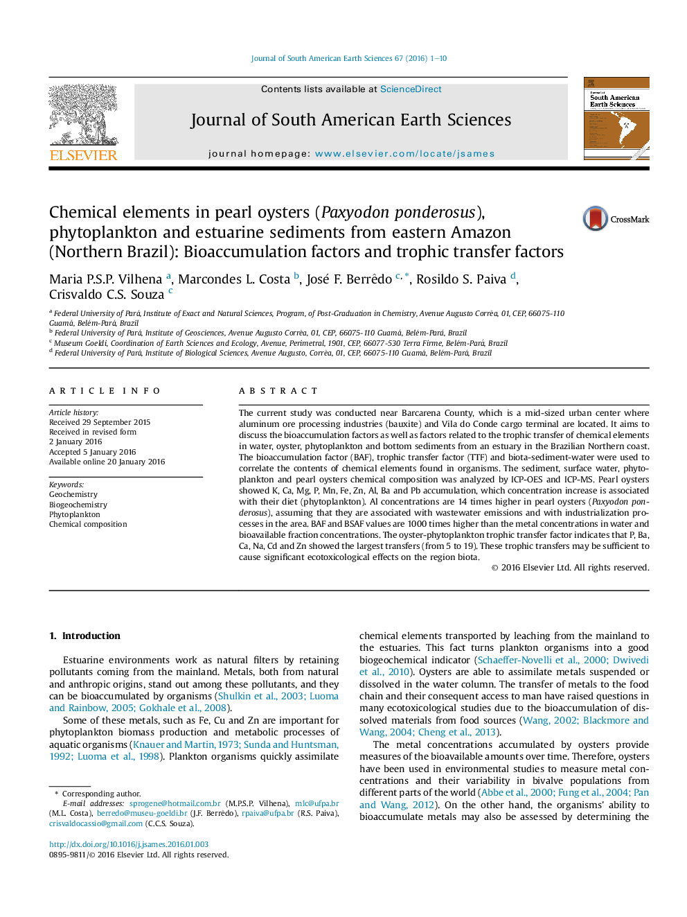 Chemical elements in pearl oysters (Paxyodon ponderosus), phytoplankton and estuarine sediments from eastern Amazon (Northern Brazil): Bioaccumulation factors and trophic transfer factors