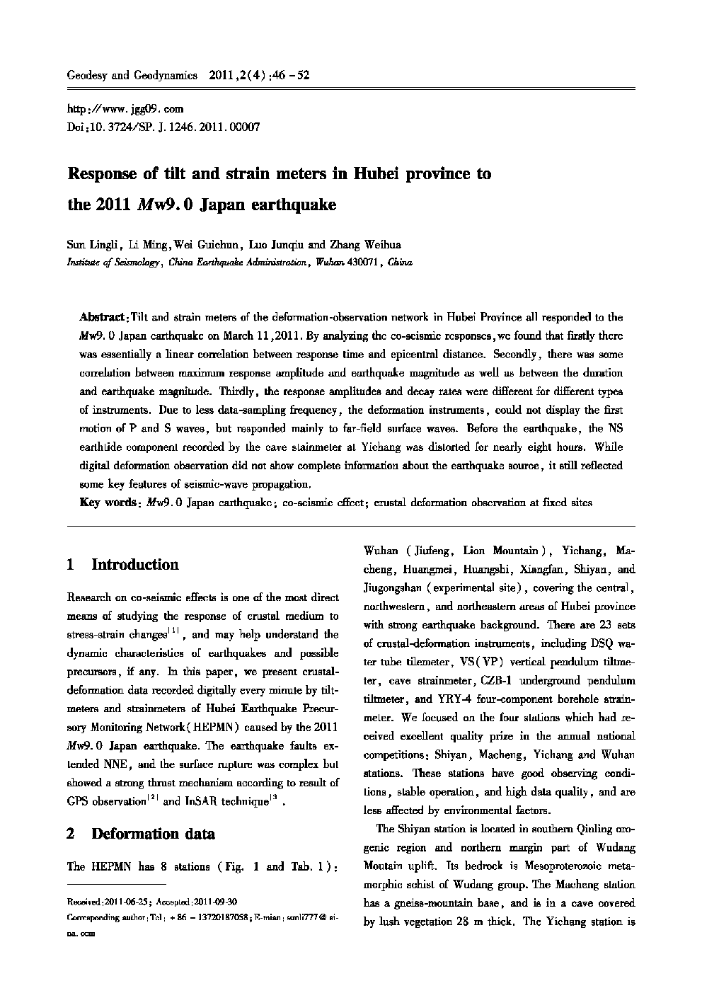 Response of tilt and strain meters in Hubei province to the 2011 Mw9. 0 Japan earthquake