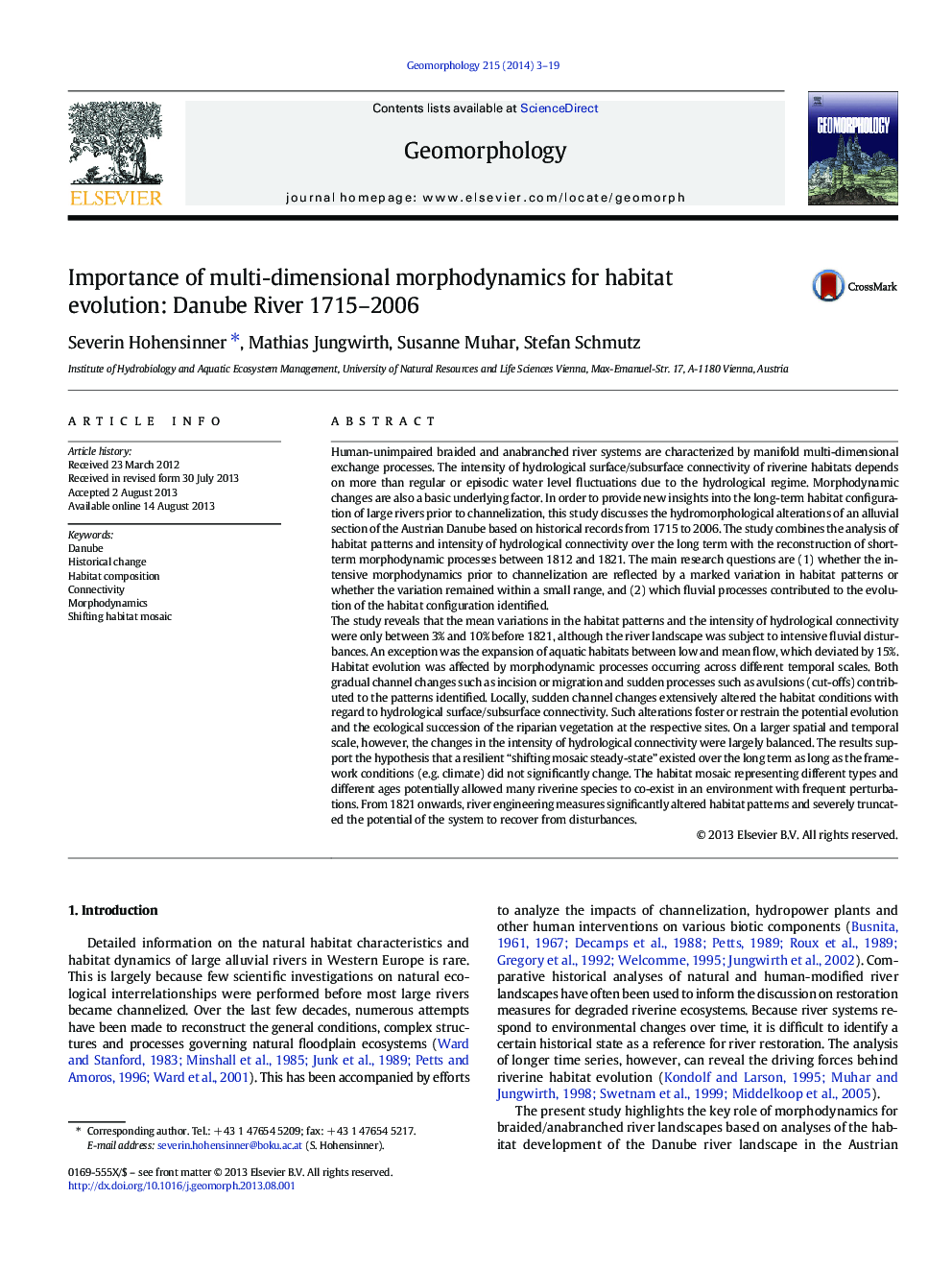 Importance of multi-dimensional morphodynamics for habitat evolution: Danube River 1715–2006