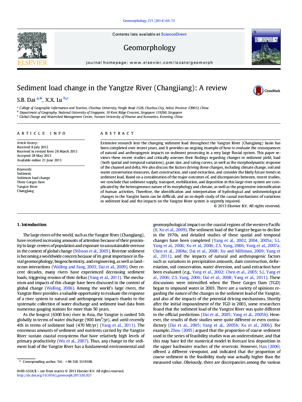 Sediment load change in the Yangtze River (Changjiang): A review