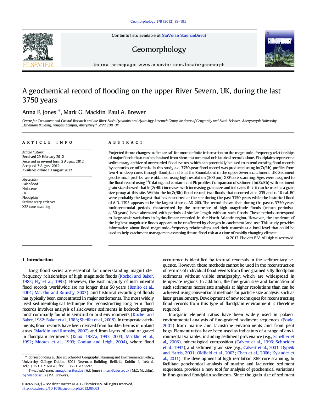 A geochemical record of flooding on the upper River Severn, UK, during the last 3750 years