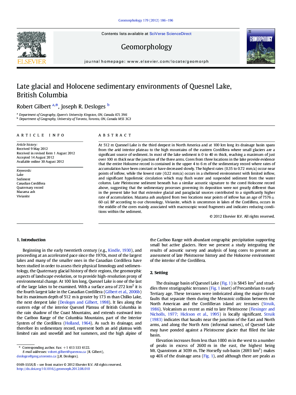Late glacial and Holocene sedimentary environments of Quesnel Lake, British Columbia