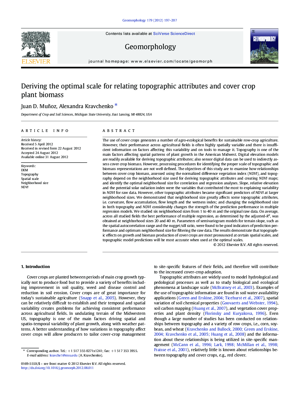 Deriving the optimal scale for relating topographic attributes and cover crop plant biomass