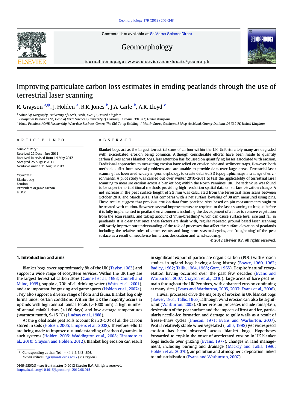 Improving particulate carbon loss estimates in eroding peatlands through the use of terrestrial laser scanning