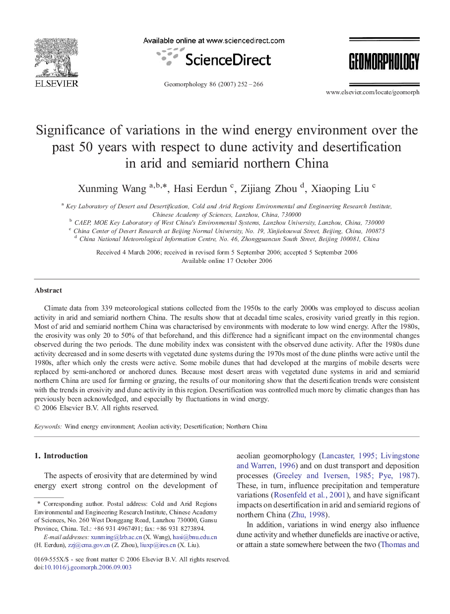 Significance of variations in the wind energy environment over the past 50Â years with respect to dune activity and desertification in arid and semiarid northern China