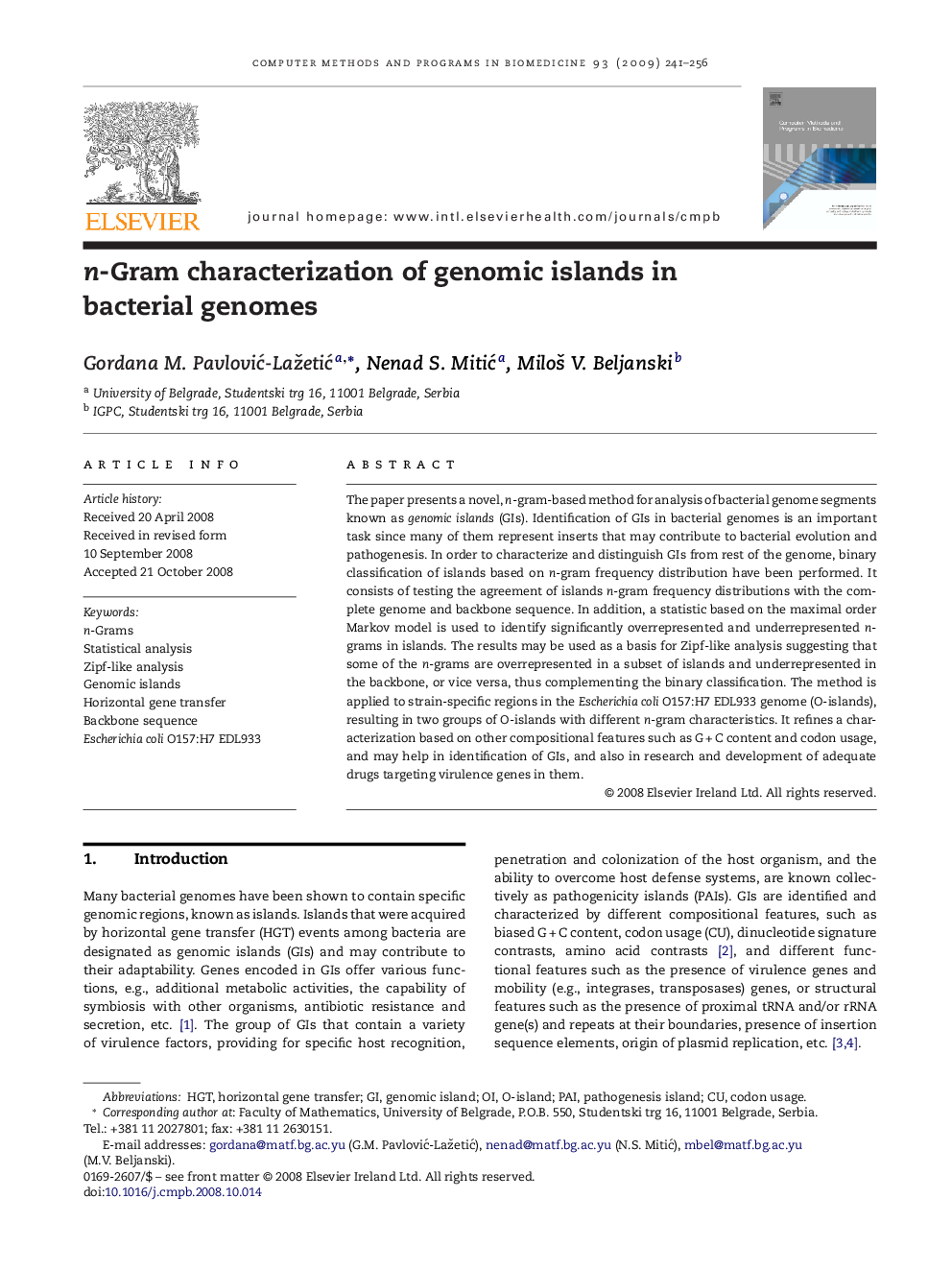 n-Gram characterization of genomic islands in bacterial genomes