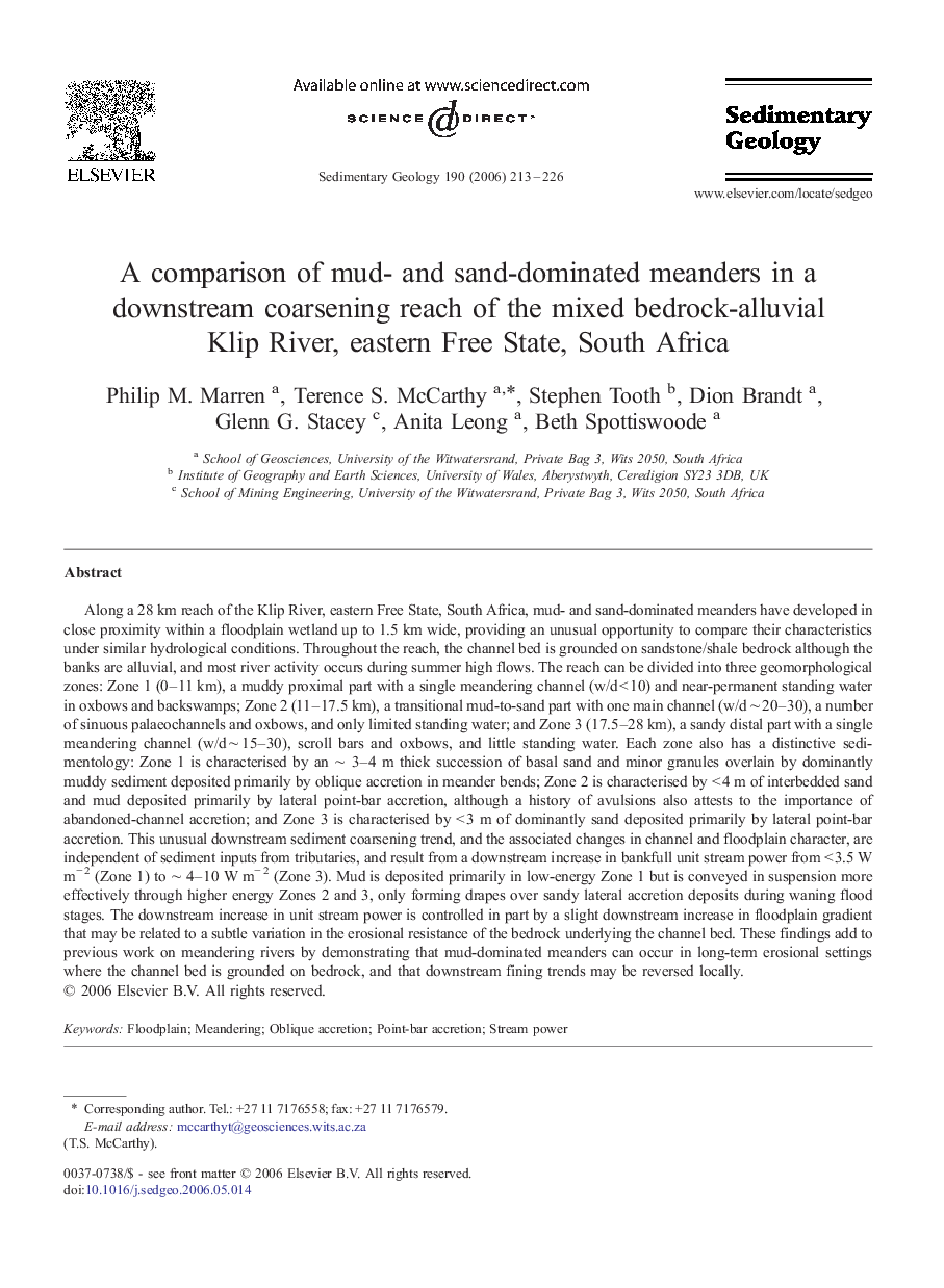A comparison of mud- and sand-dominated meanders in a downstream coarsening reach of the mixed bedrock-alluvial Klip River, eastern Free State, South Africa