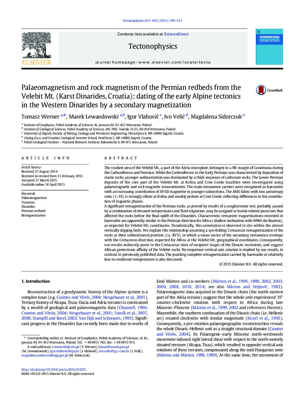 Palaeomagnetism and rock magnetism of the Permian redbeds from the Velebit Mt. (Karst Dinarides, Croatia): dating of the early Alpine tectonics in the Western Dinarides by a secondary magnetization