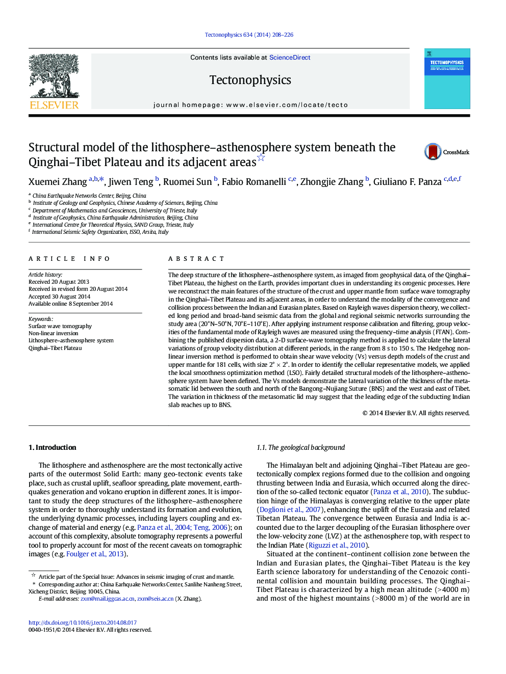 Structural model of the lithosphere–asthenosphere system beneath the Qinghai–Tibet Plateau and its adjacent areas 