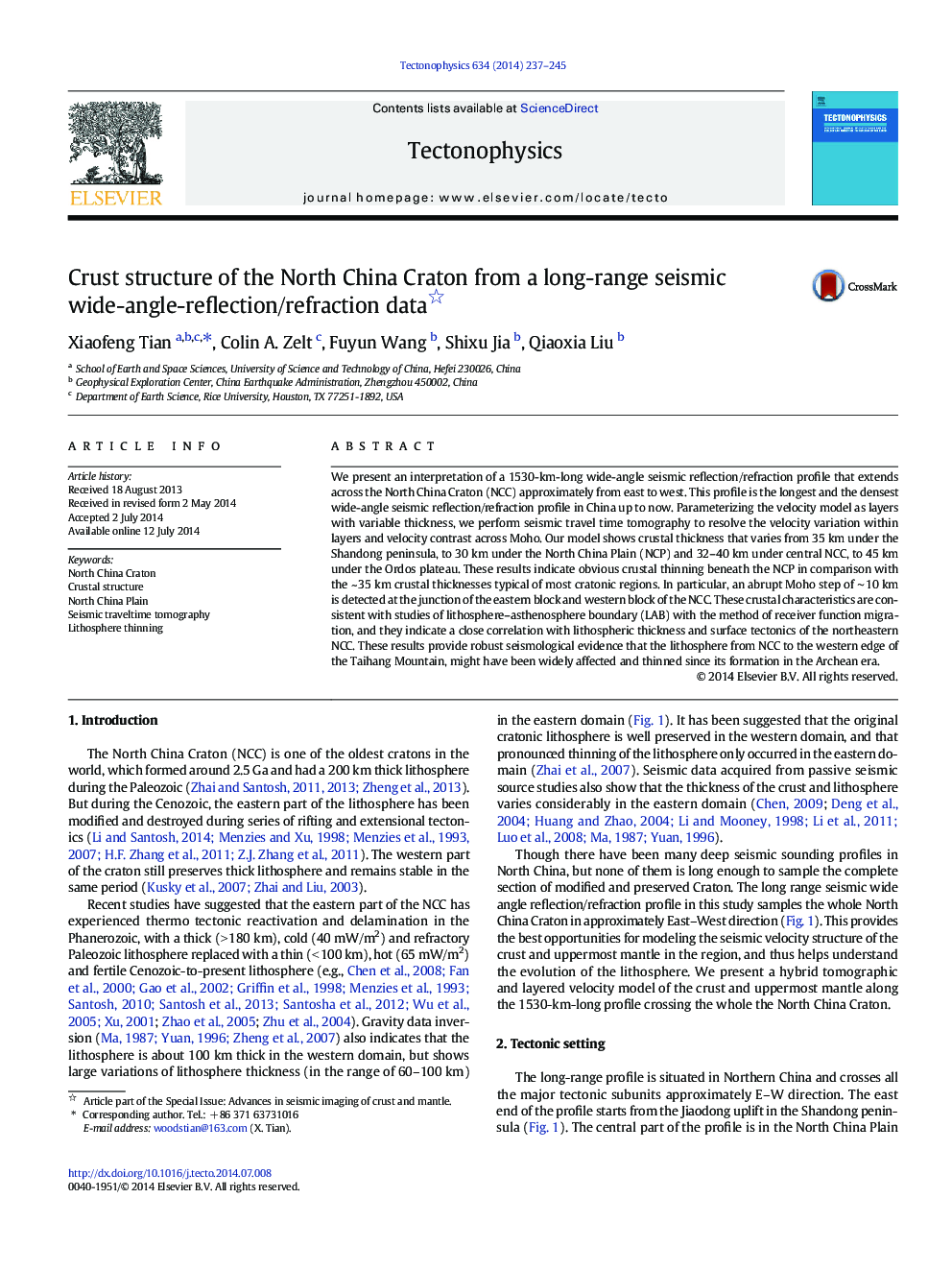 Crust structure of the North China Craton from a long-range seismic wide-angle-reflection/refraction data 