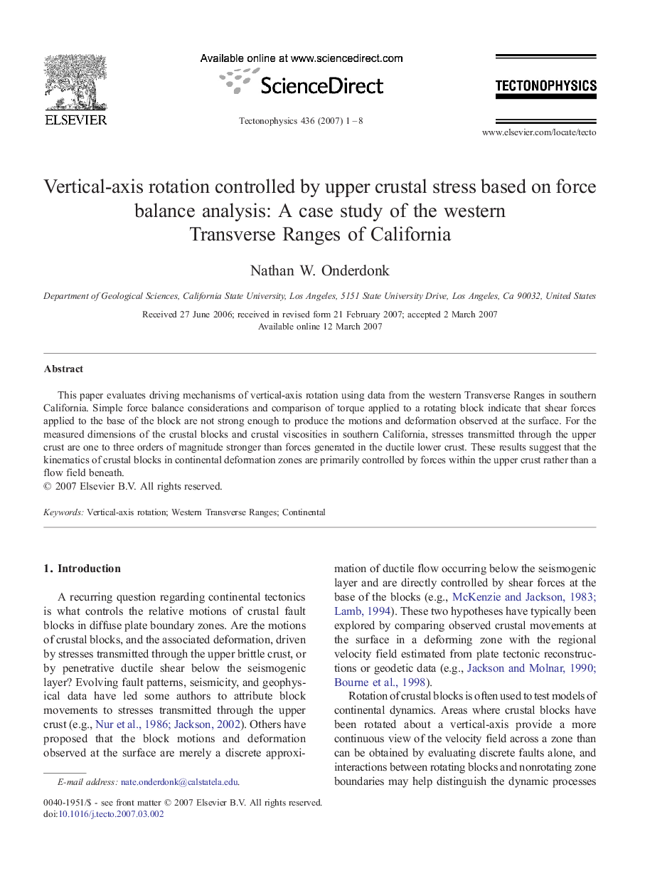 Vertical-axis rotation controlled by upper crustal stress based on force balance analysis: A case study of the western Transverse Ranges of California