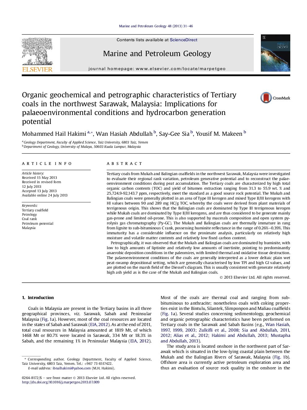 خصوصیات ژئوشیمیایی و پتروگرافی ارگانیک از ذغال سنگ ترتیب در شمال غربی ساراواک، مالزی: تاثیرات شرایط محیطی و پتانسیل تولید هیدروکربن 