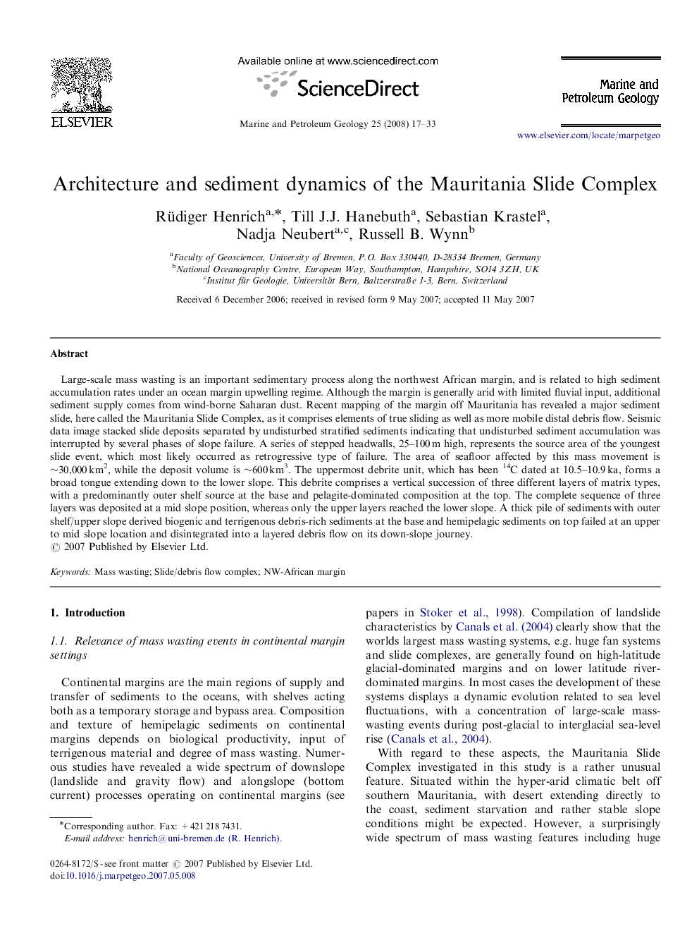 Architecture and sediment dynamics of the Mauritania Slide Complex