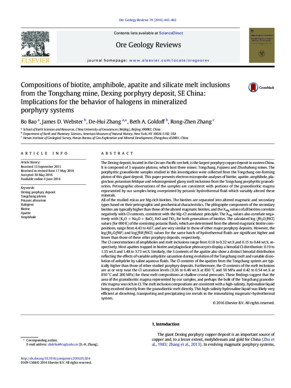 Compositions of biotite, amphibole, apatite and silicate melt inclusions from the Tongchang mine, Dexing porphyry deposit, SE China: Implications for the behavior of halogens in mineralized porphyry systems