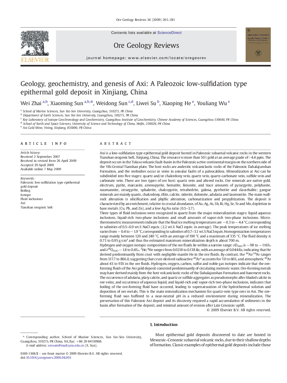 Geology, geochemistry, and genesis of Axi: A Paleozoic low-sulfidation type epithermal gold deposit in Xinjiang, China