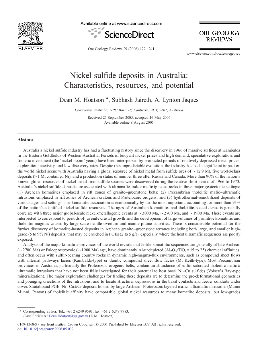 Nickel sulfide deposits in Australia: Characteristics, resources, and potential