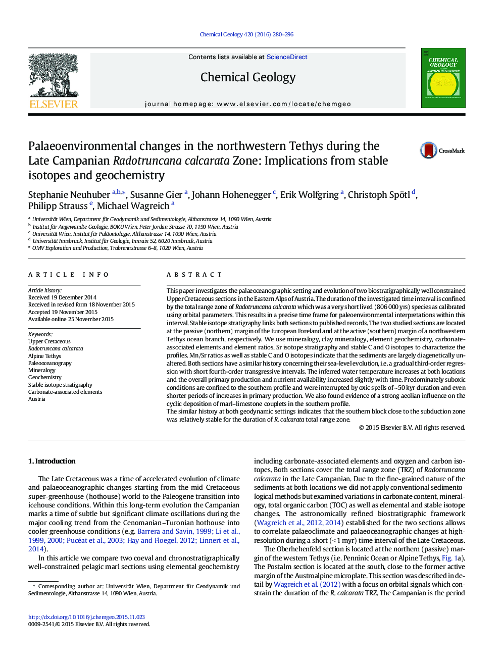 Palaeoenvironmental changes in the northwestern Tethys during the Late Campanian Radotruncana calcarata Zone: Implications from stable isotopes and geochemistry