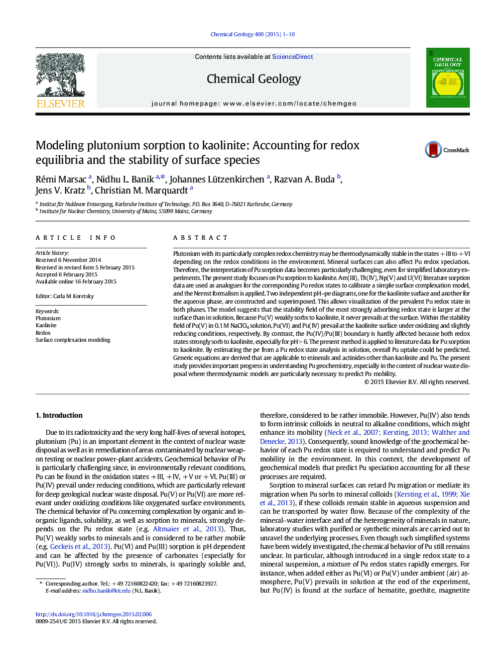 مدل سازی جذب پلوتونیوم به کائولینیت: حسابداری برای تعادل بازدارندگی و پایداری گونه های سطحی 