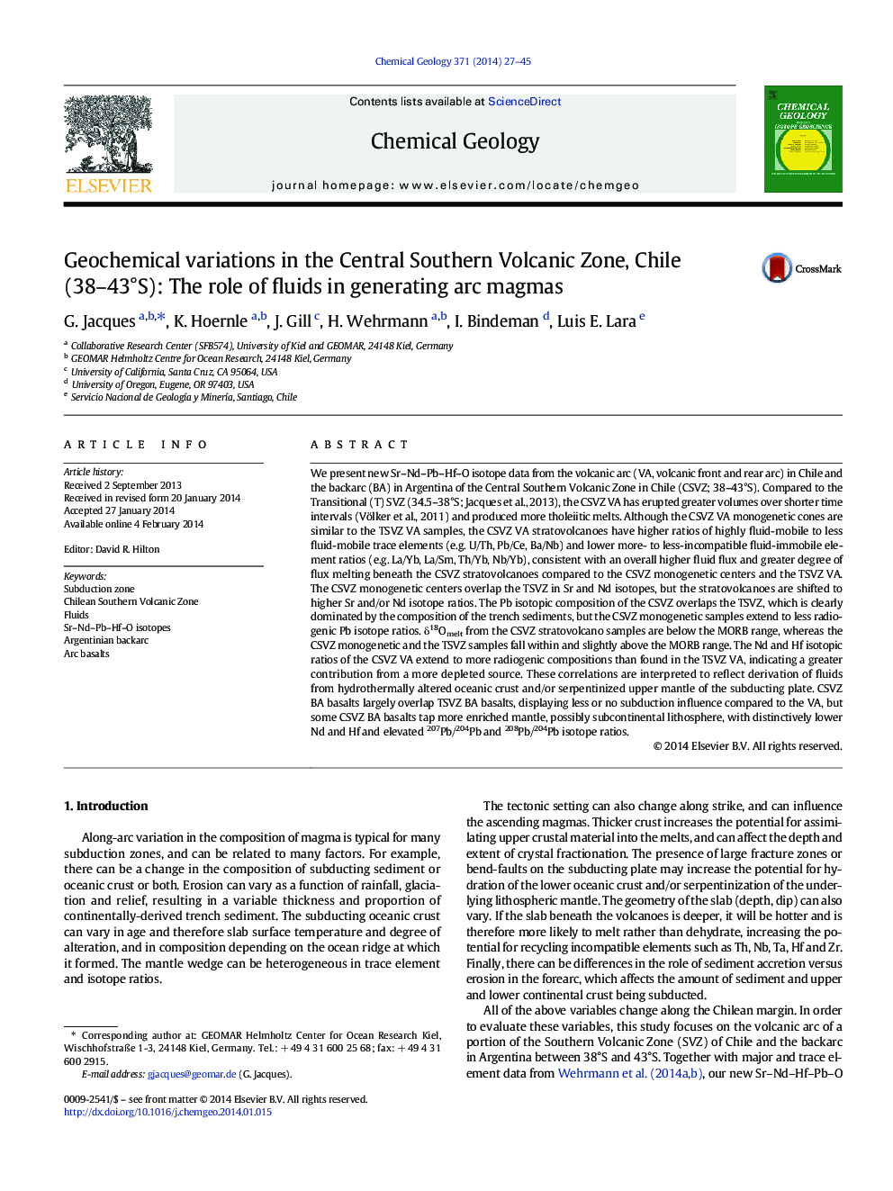 Geochemical variations in the Central Southern Volcanic Zone, Chile (38–43°S): The role of fluids in generating arc magmas
