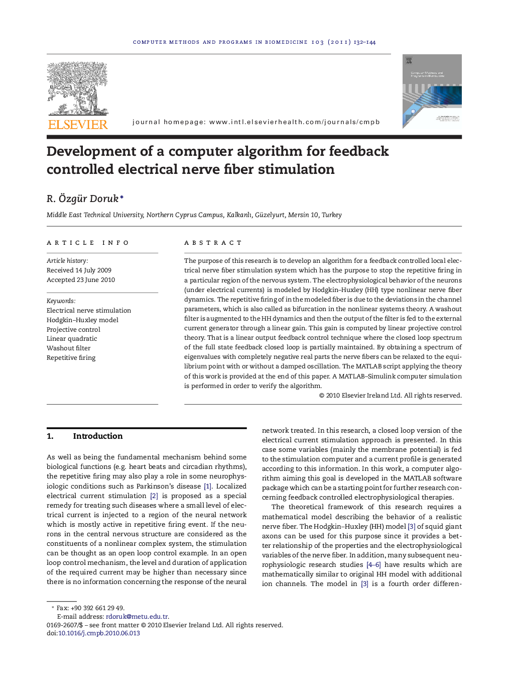 Development of a computer algorithm for feedback controlled electrical nerve fiber stimulation