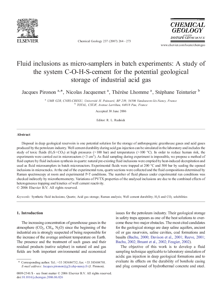 Fluid inclusions as micro-samplers in batch experiments: A study of the system C-O-H-S-cement for the potential geological storage of industrial acid gas