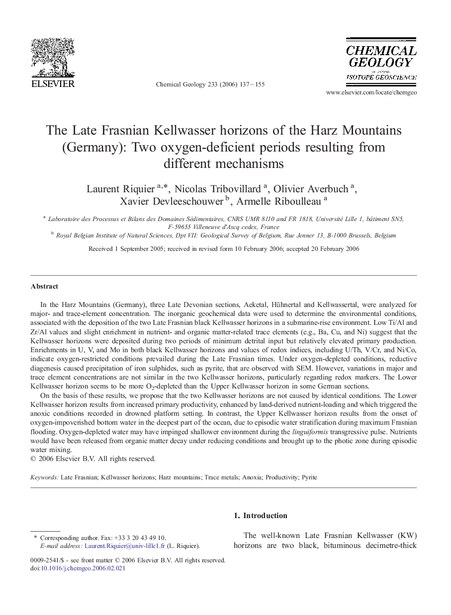 The Late Frasnian Kellwasser horizons of the Harz Mountains (Germany): Two oxygen-deficient periods resulting from different mechanisms
