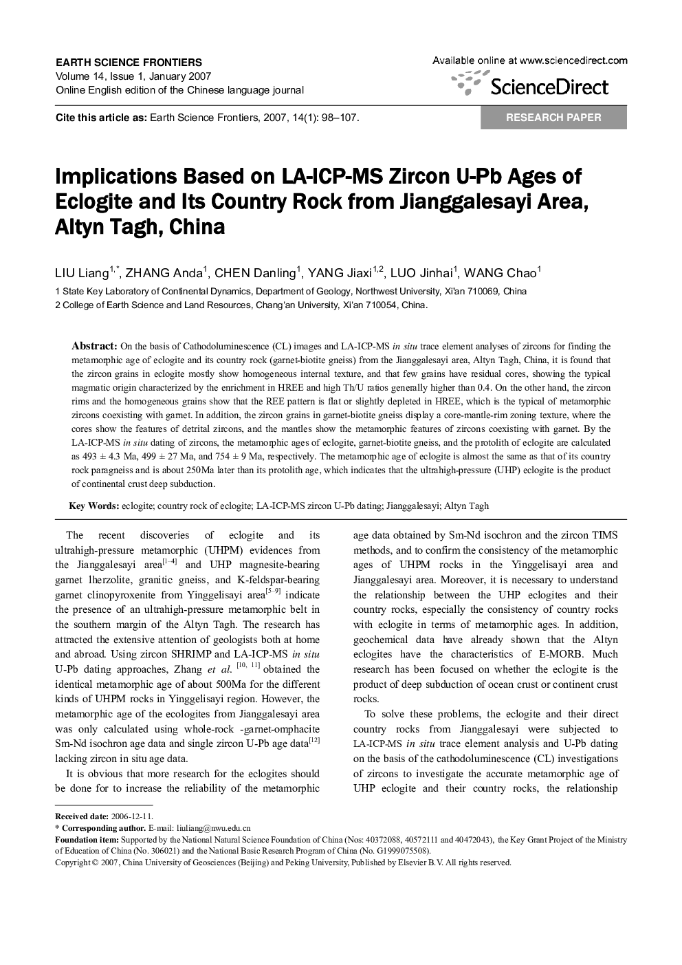 Implications Based on LA-ICP-MS Zircon U-Pb Ages of Eclogite and Its Country Rock from Jianggalesayi Area, Altyn Tagh, China 