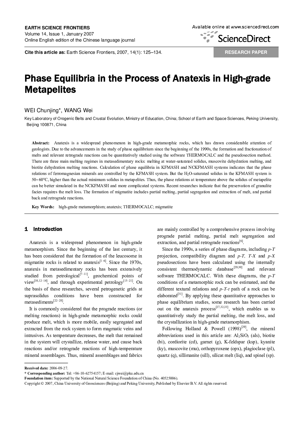 Phase Equilibria in the Process of Anatexis in High-grade Metapelites 