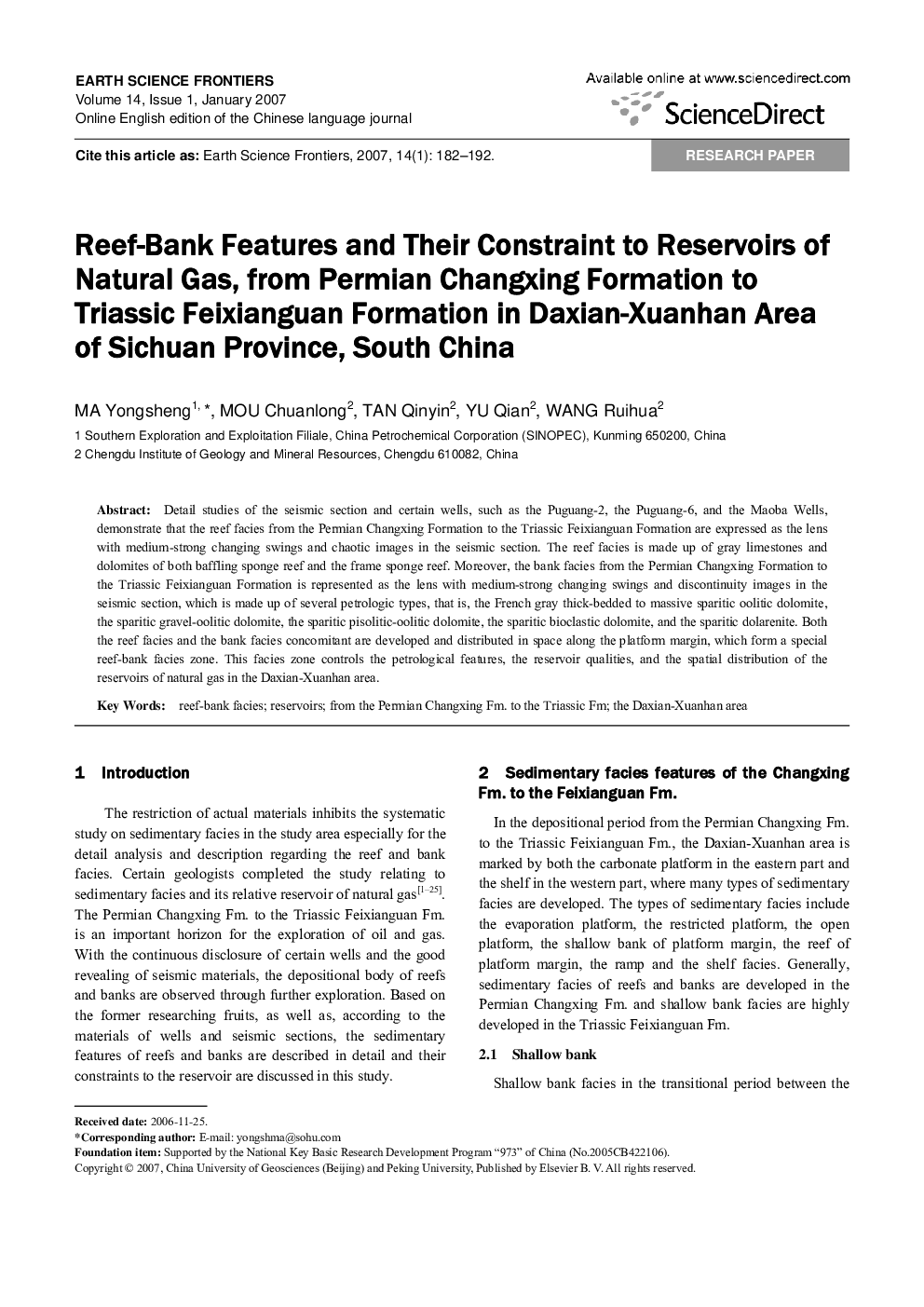 Reef-Bank Features and Their Constraint to Reservoirs of Natural Gas, from Permian Changxing Formation to Triassic Feixianguan Formation in Daxian-Xuanhan Area of Sichuan Province, South China 