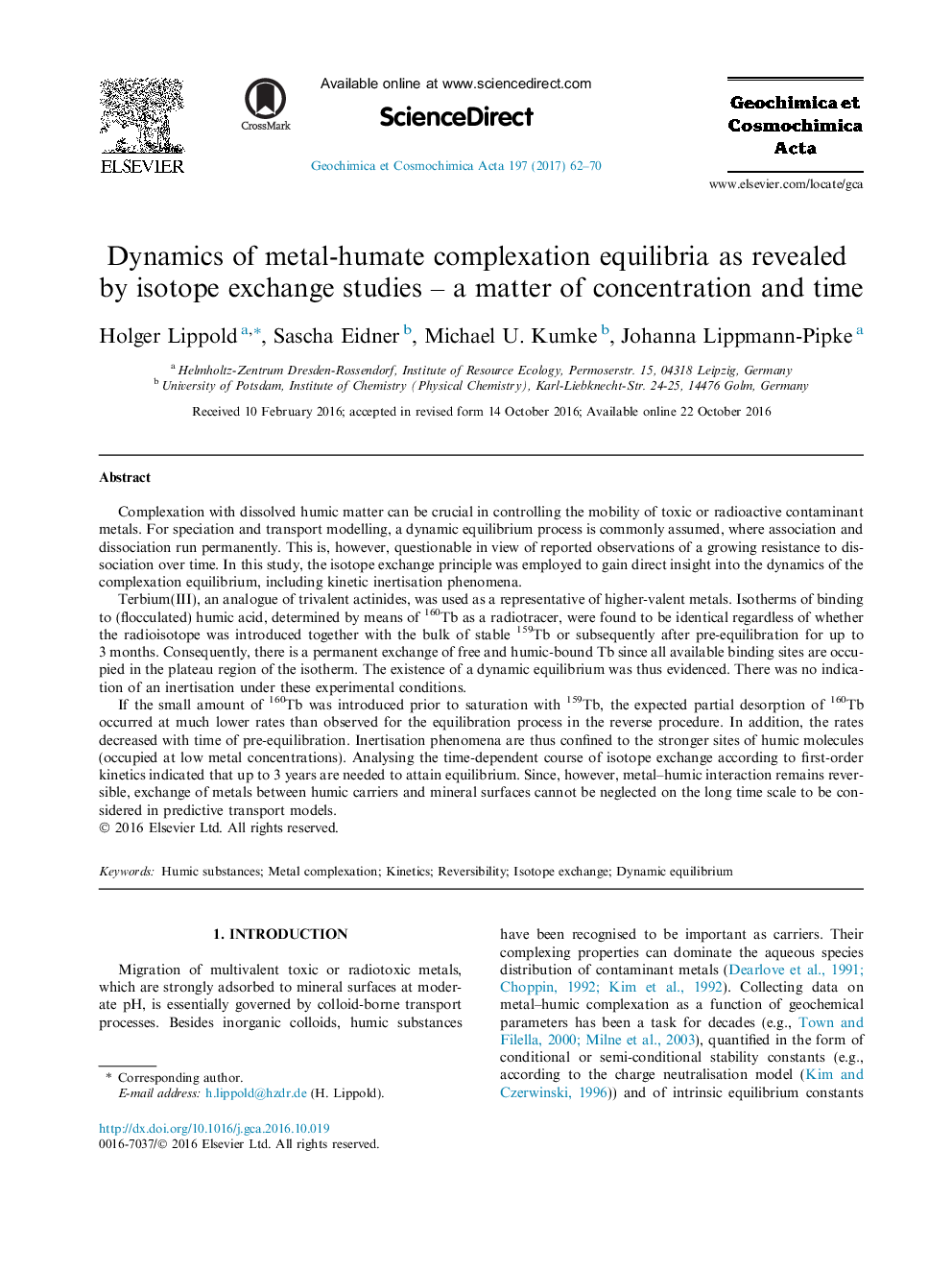 دینامیک از تعادل کمپلکس کودفلزها که توسط مطالعات ارز ایزوتوپ نشان داد - یک موضوع از غلظت و زمان