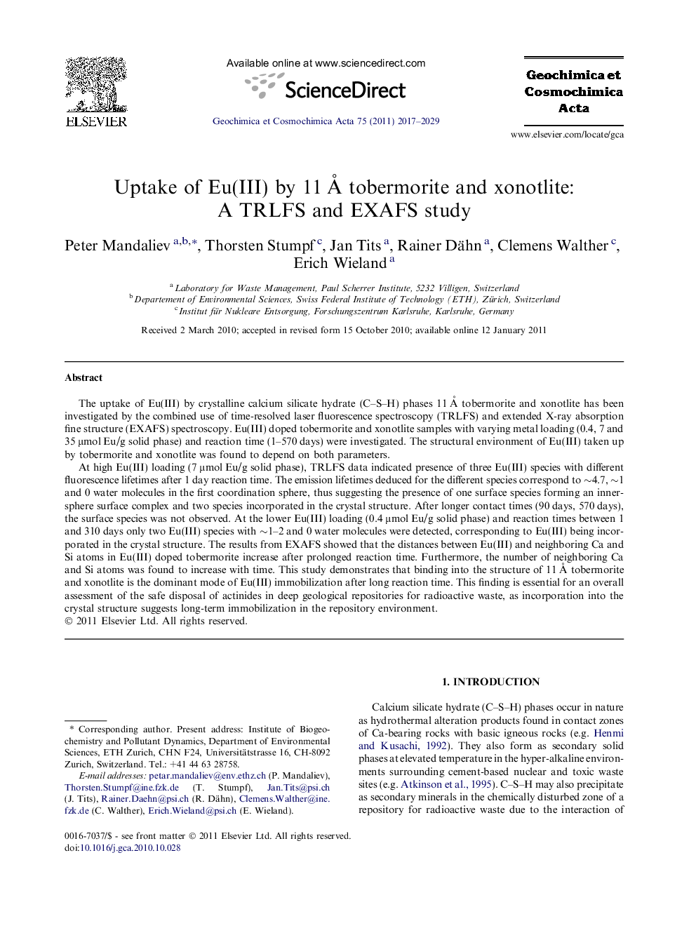 جذب Eu (III) توسط 11 Å Tobermorite و Xonotlite: مطالعه TRLFS و EXAFS