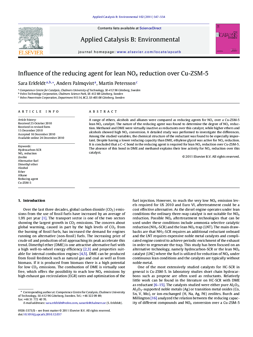 Influence of the reducing agent for lean NOx reduction over Cu-ZSM-5