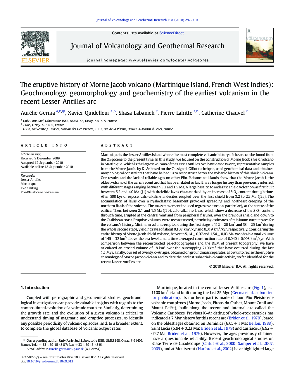 The eruptive history of Morne Jacob volcano (Martinique Island, French West Indies): Geochronology, geomorphology and geochemistry of the earliest volcanism in the recent Lesser Antilles arc