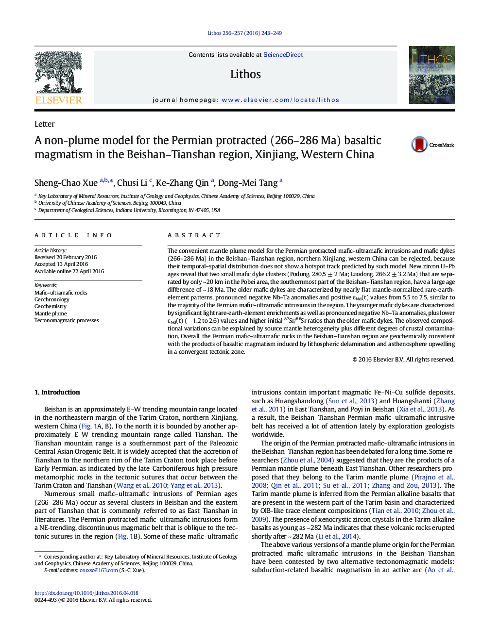 یک مدل غیرفعال برای ماگماتیسم بازالتیک طولانی مدت (266-286 مگا) پرمین در منطقه Beishan-Tianshan، Xinjiang، China Western
