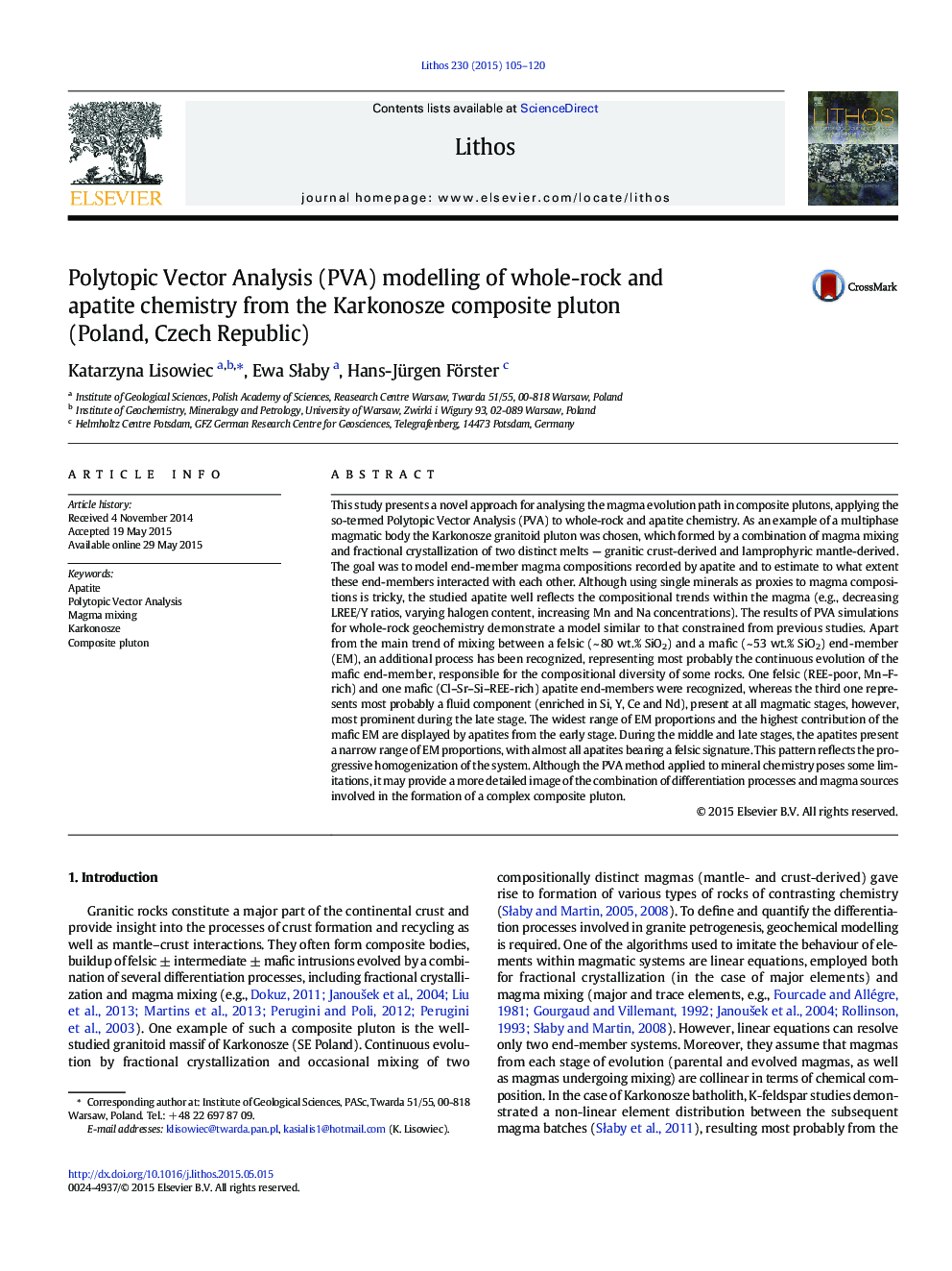 Polytopic Vector Analysis (PVA) modelling of whole-rock and apatite chemistry from the Karkonosze composite pluton (Poland, Czech Republic)