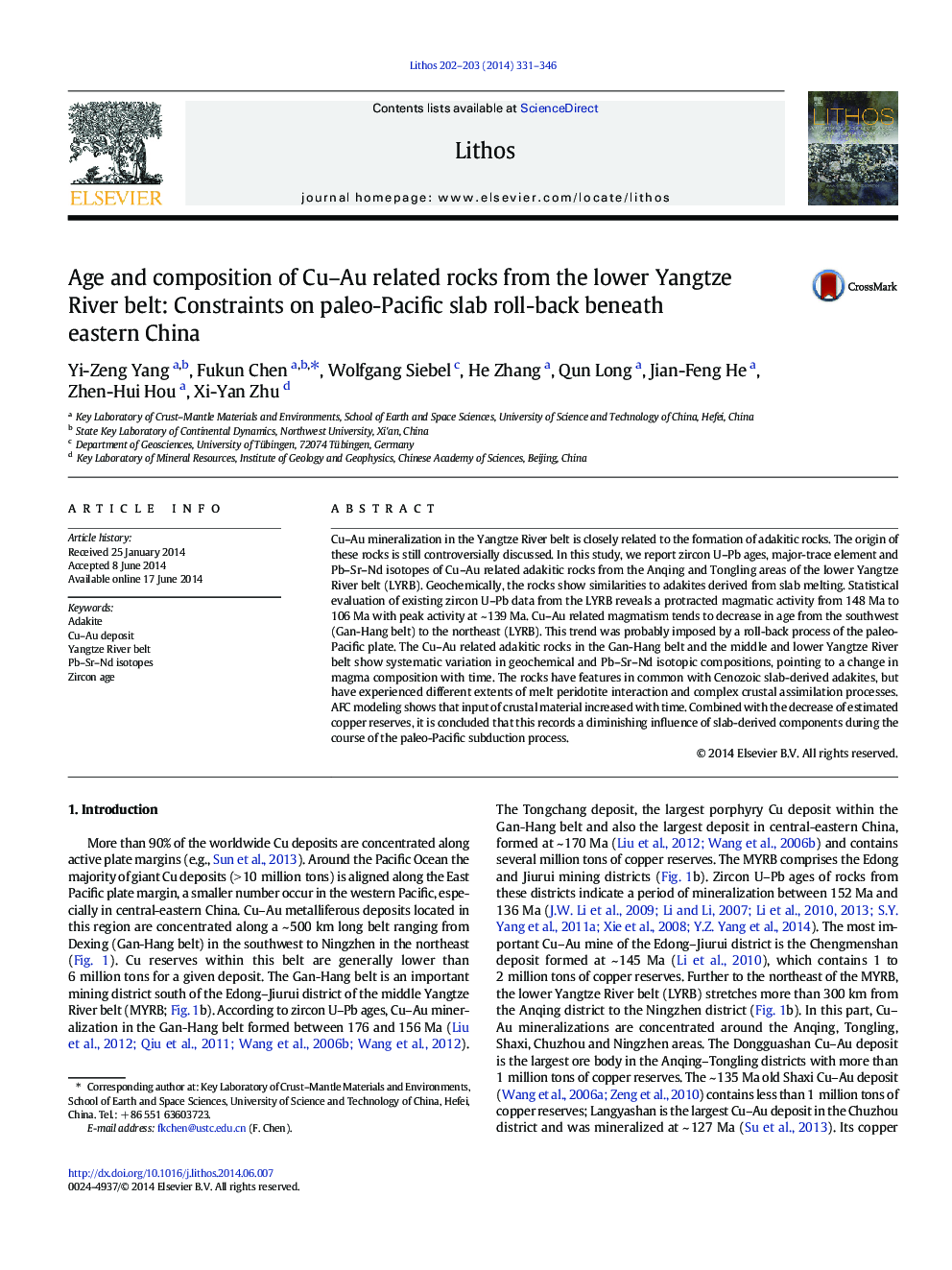 Age and composition of Cu–Au related rocks from the lower Yangtze River belt: Constraints on paleo-Pacific slab roll-back beneath eastern China