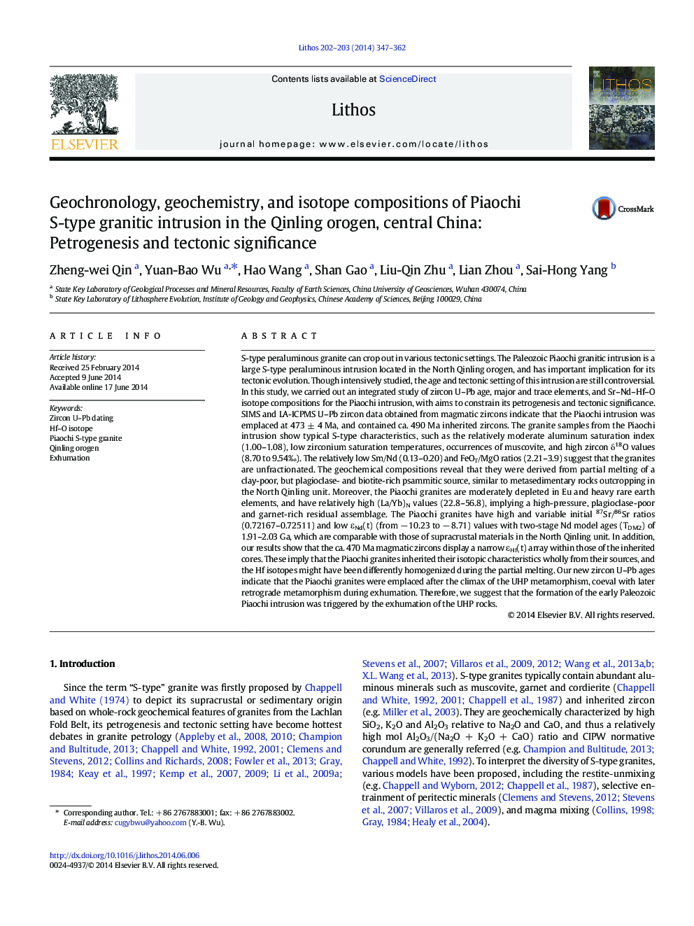 Geochronology, geochemistry, and isotope compositions of Piaochi S-type granitic intrusion in the Qinling orogen, central China: Petrogenesis and tectonic significance