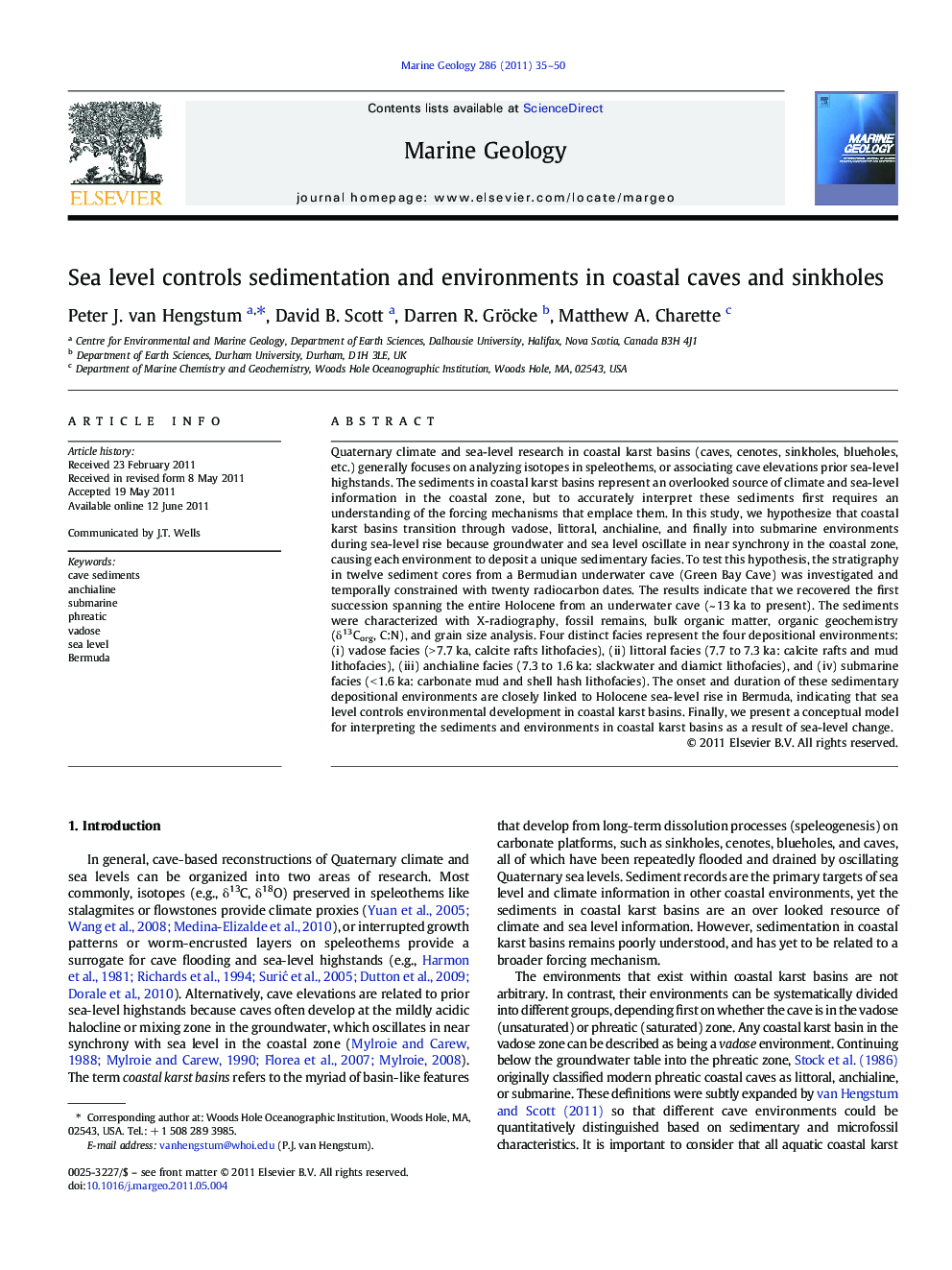 Sea level controls sedimentation and environments in coastal caves and sinkholes