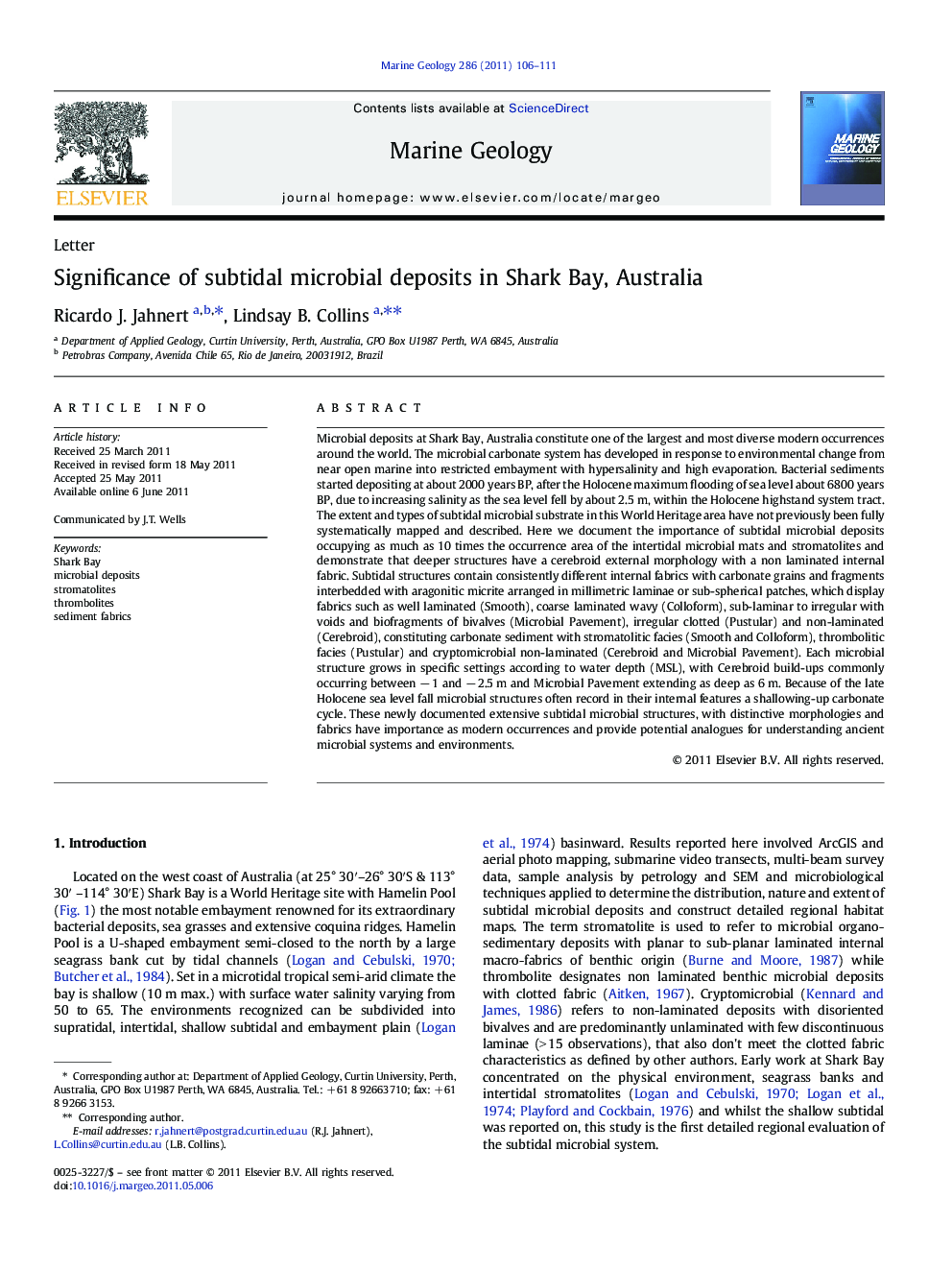 Significance of subtidal microbial deposits in Shark Bay, Australia
