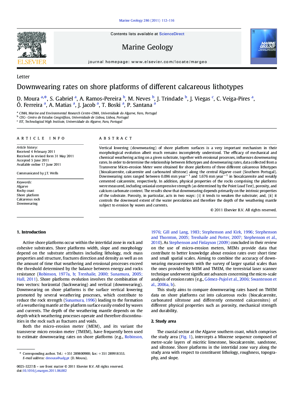 Downwearing rates on shore platforms of different calcareous lithotypes