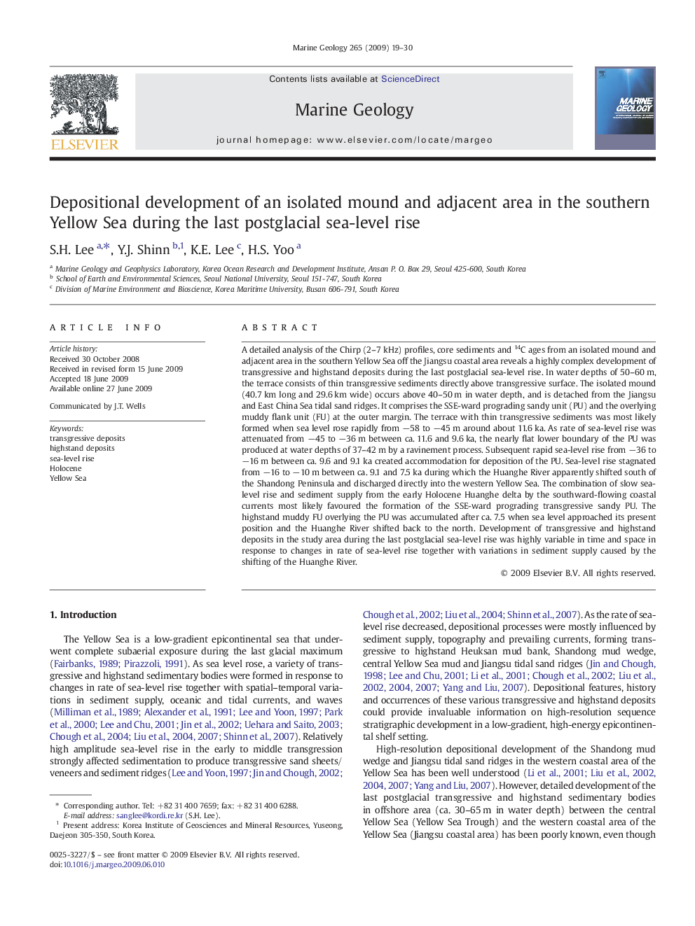 Depositional development of an isolated mound and adjacent area in the southern Yellow Sea during the last postglacial sea-level rise