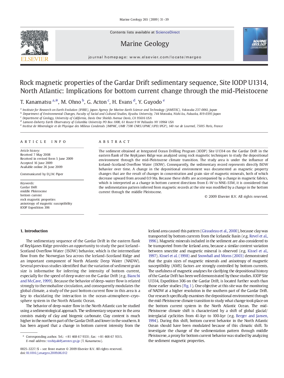 Rock magnetic properties of the Gardar Drift sedimentary sequence, Site IODP U1314, North Atlantic: Implications for bottom current change through the mid-Pleistocene