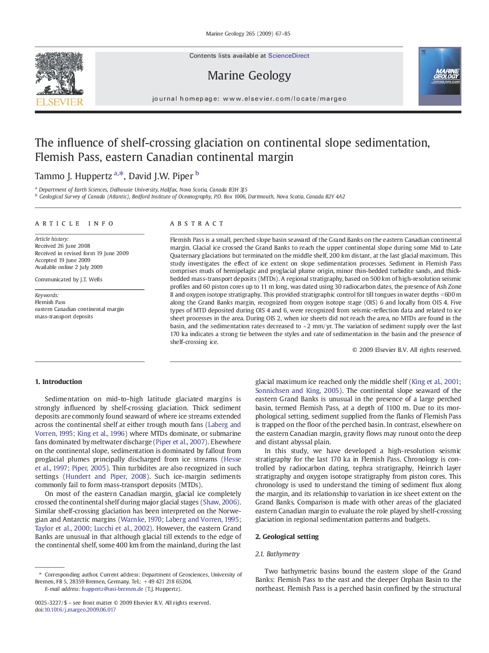 The influence of shelf-crossing glaciation on continental slope sedimentation, Flemish Pass, eastern Canadian continental margin