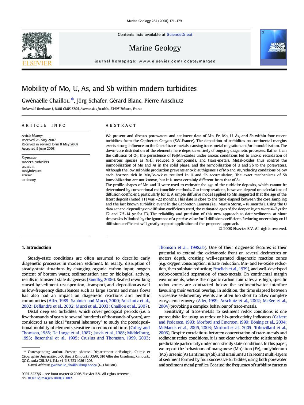 Mobility of Mo, U, As, and Sb within modern turbidites