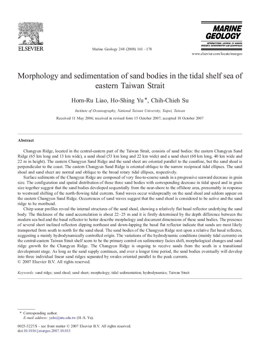 Morphology and sedimentation of sand bodies in the tidal shelf sea of eastern Taiwan Strait